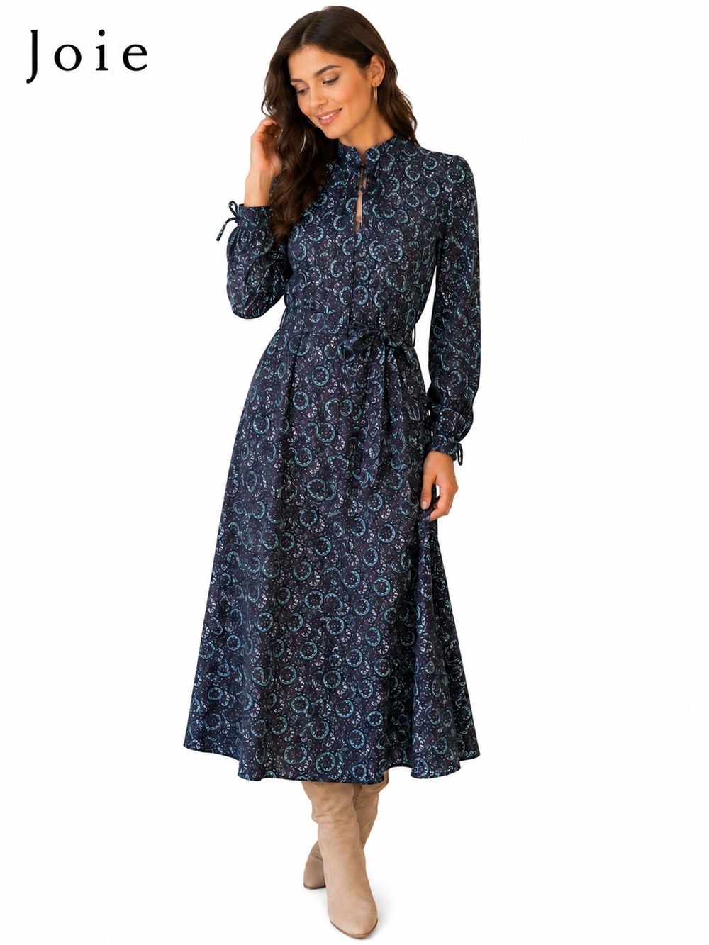 Joie NWT Paisley Print Tie Neck Midi Dress Small Blue Long Sleeve Boho Rayon